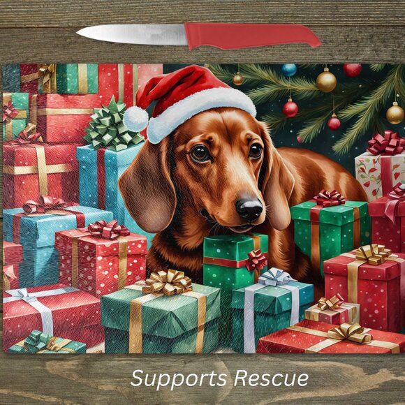 Christmas Red Dachshund Kitchen Tempered Glass Cutting Board or Trivet - Picture 1 of 1